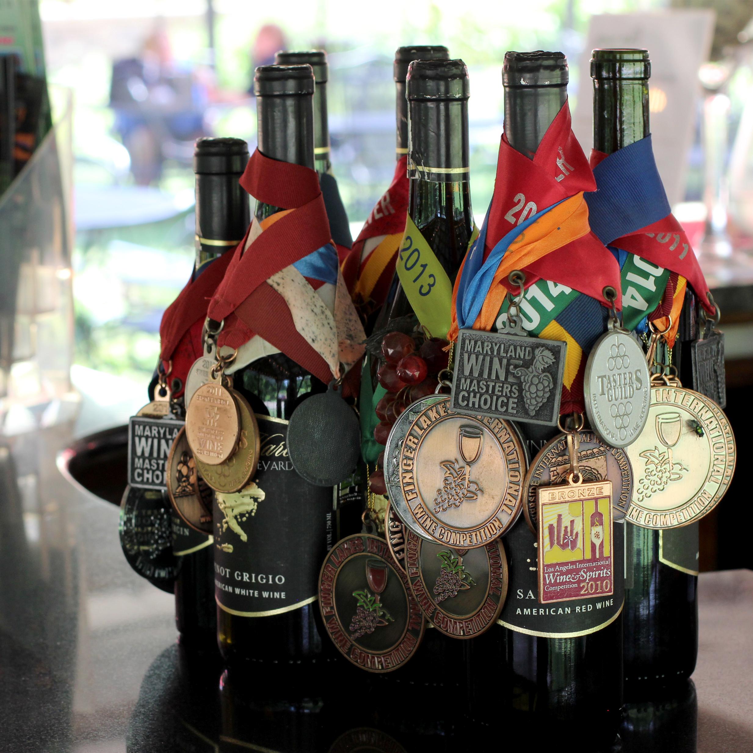 Wine bottles with medals