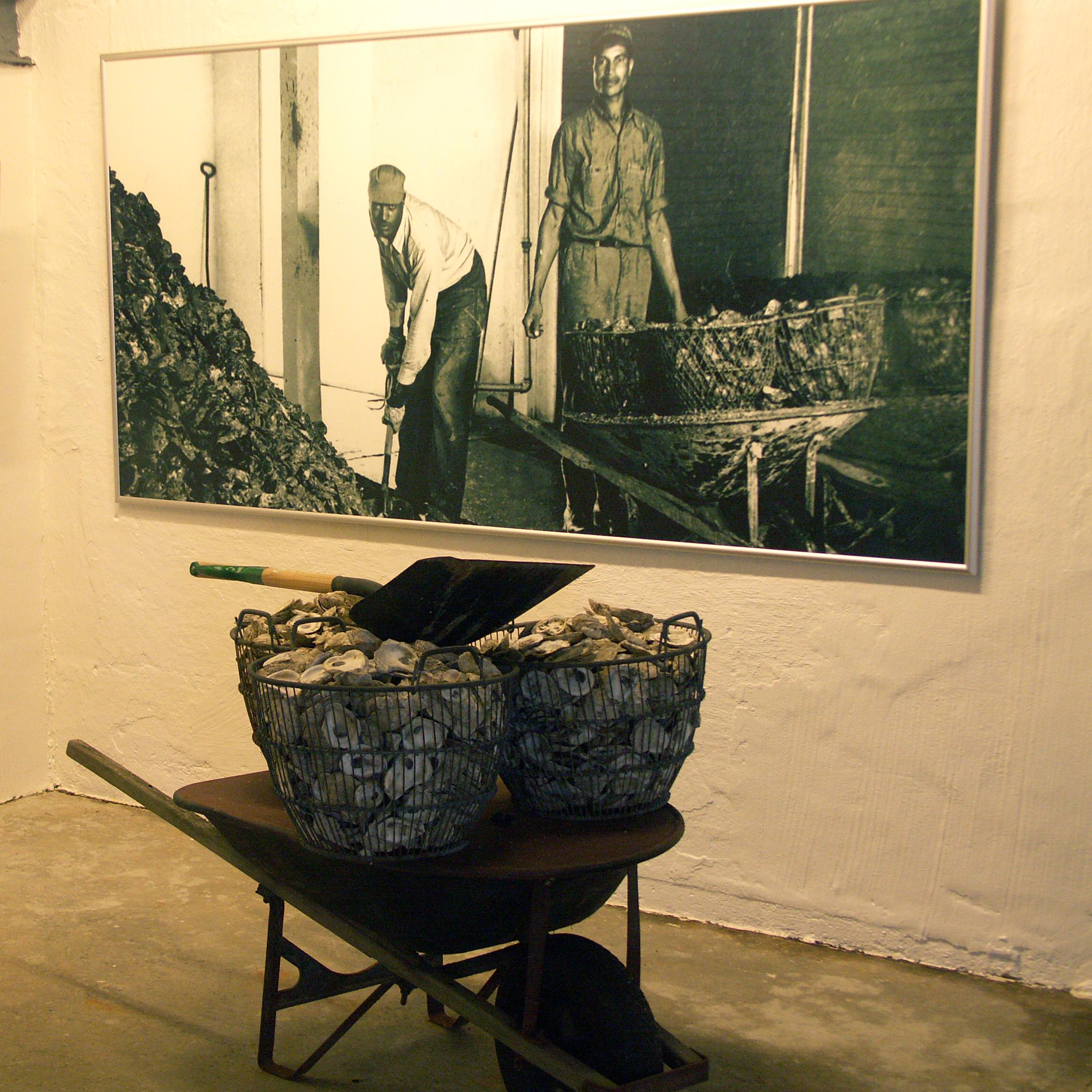 Exhibit at Lore Oyster House with an old wheel barrow and image of two men processing oysters